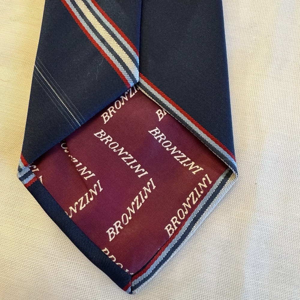 Vintage Mens Bronzini Navy Blue Striped Neck Tie Embroidered Unicorn Logo 57 in - Picture 4 of 5